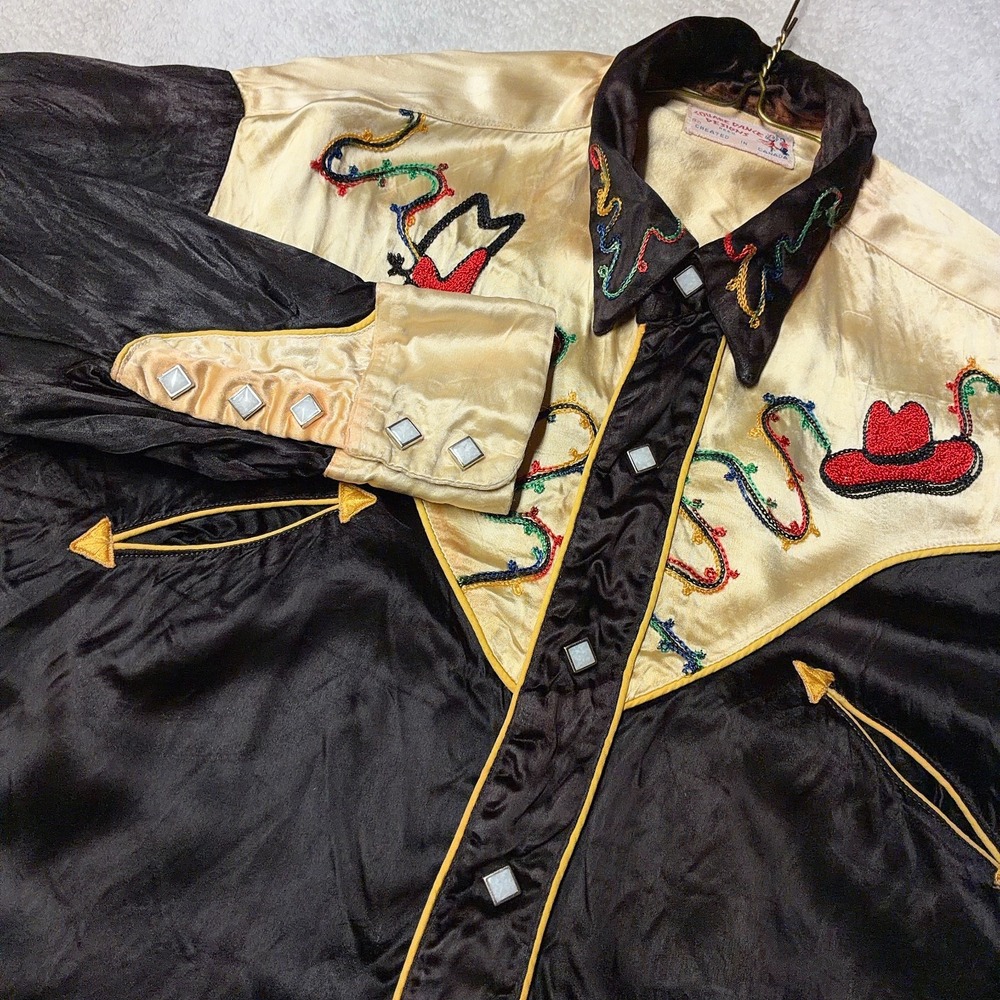 True Vintage 50s Square Dance Satin Western Shirt Chainstitch Embroidered Smile